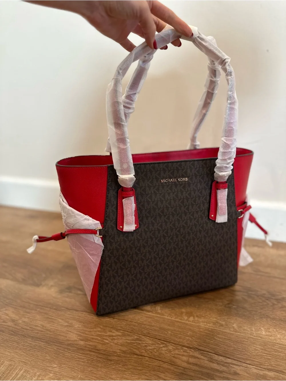 Michael Kors Brown MK Monogram Tote with Red Trim